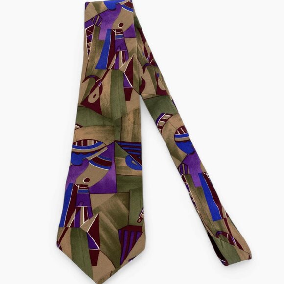Albert Nipon Silk Tie Abstract Cubist Art Vintage Office Business Formal - Picture 2 of 6